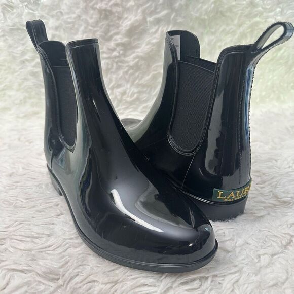 Lauren Ralph Lauren Black Shiny Waterproof Rubber‎ Ankle Rain Boots size 7B - Picture 1 of 8